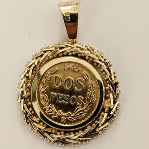 Vintage 14K Gold 1945 Mexican Dos Pesos Coin Pendant Charm